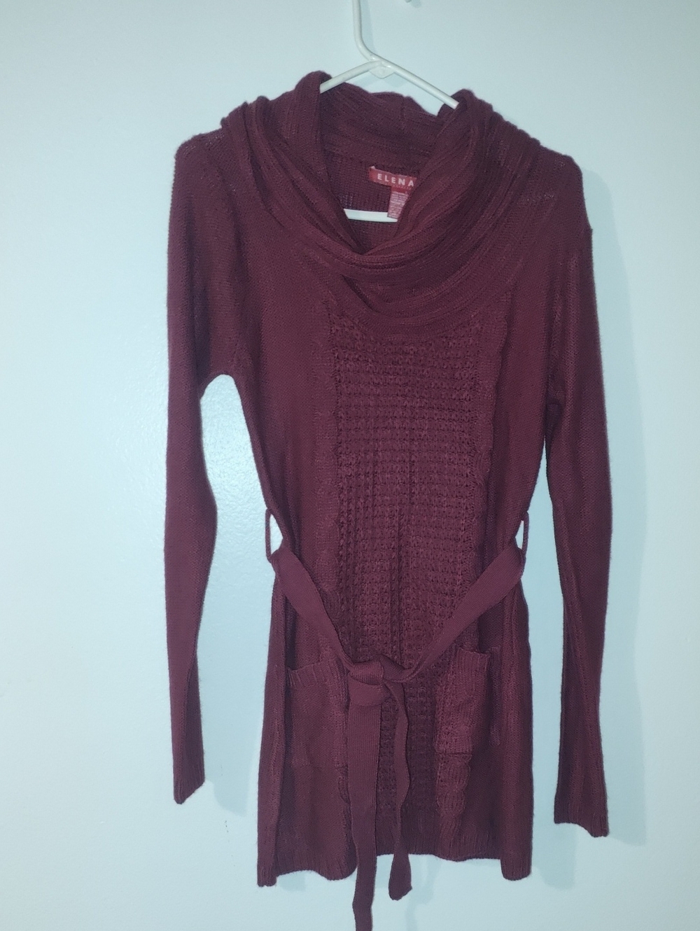 Helena Cowl Neck Belted Sweater Tunic in Burgundy